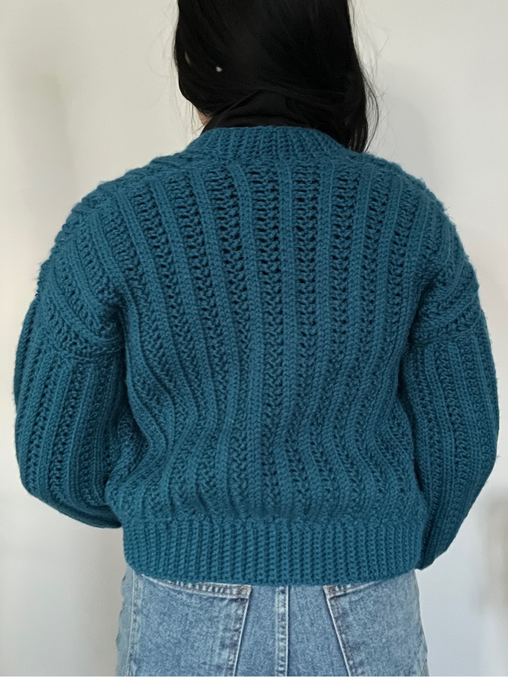 Chunky Teal Cable-Knit Women's Cardigan Sweater - Picture 2 of 6